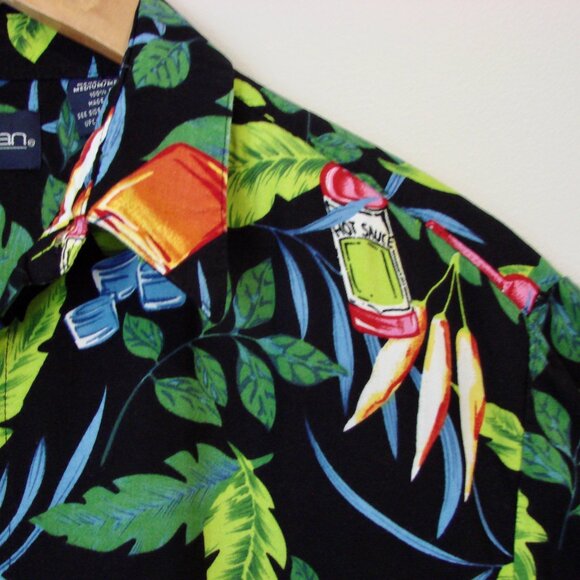 Hawaiian Button Shirt Loose Hot Sauce Drinks Cocktails Black Green Blue Medium - Picture 4 of 13